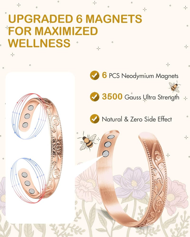 Feraco Copper Therapy Bracelets for Women, Pure Copper Magnetic Cuff Bracelet with Neodymium Magnets, Adjustable with Gift Box, Vintage Flower (Rose Gold) - Image 5