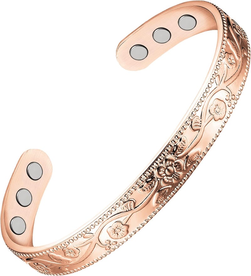 Feraco Copper Therapy Bracelets for Women, Pure Copper Magnetic Cuff Bracelet with Neodymium Magnets, Adjustable with Gift Box, Vintage Flower (Rose Gold) - Image 1