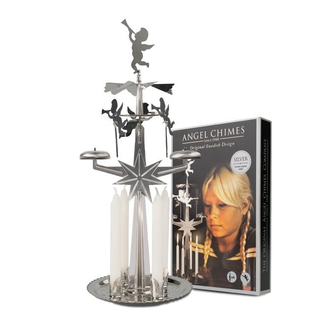 ORIGINAL SWEDISH AND 4 CANDLES SPINNING FESTIVE CHIMES SILVER COLOR