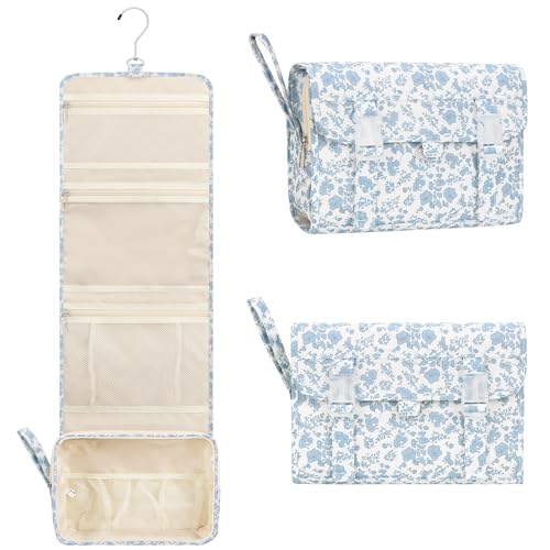 Relavel Hanging Toiletry Bag, Travel Toiletries Bag with Hanging Hook, Water Resistant Makeup Cosmetic Organizer for Full Sized Container, Shampoo, Portable Wash Bag for Travel Size Essentials - Blue Flower - Image 1