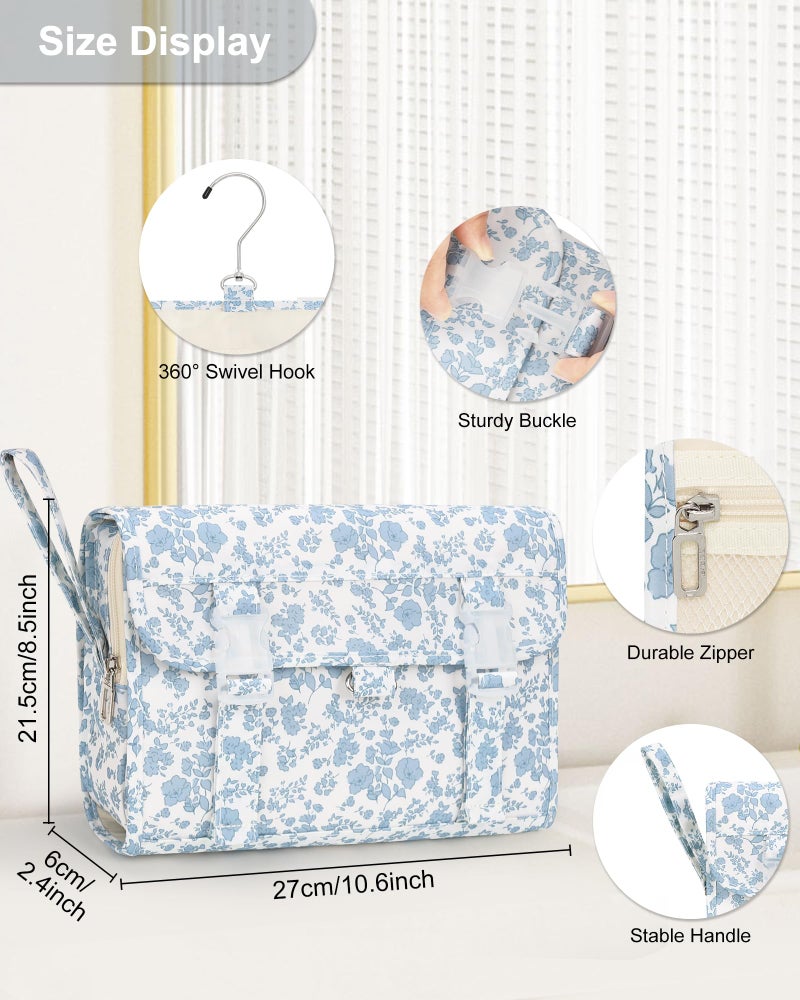 Relavel Hanging Toiletry Bag, Travel Toiletries Bag with Hanging Hook, Water Resistant Makeup Cosmetic Organizer for Full Sized Container, Shampoo, Portable Wash Bag for Travel Size Essentials - Blue Flower - Image 3