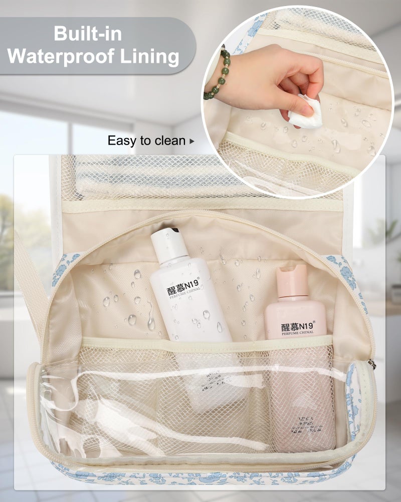 Relavel Hanging Toiletry Bag, Travel Toiletries Bag with Hanging Hook, Water Resistant Makeup Cosmetic Organizer for Full Sized Container, Shampoo, Portable Wash Bag for Travel Size Essentials - Blue Flower - Image 5