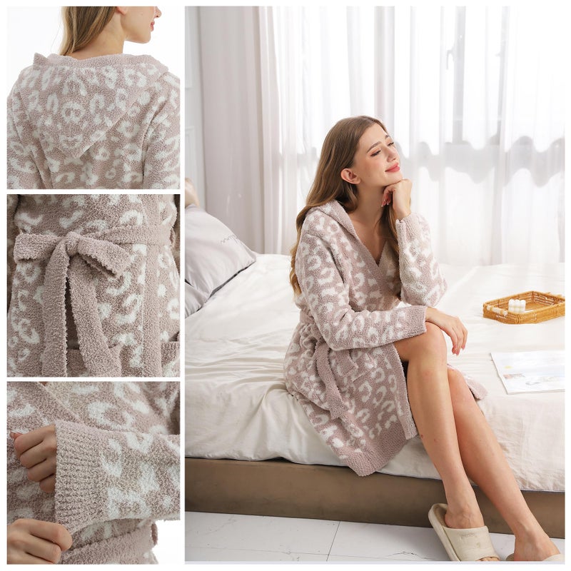 bearberry Hooded Robe Cozy In The Wild Robe Lightweight Soft Plush Bathrobe Sleepwear Nightgown with Pockets for Women(Stone/Cream) - Image 5