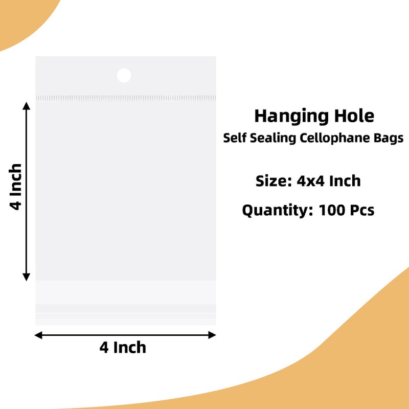Morepack 4x4 Inches Hanging Hole Self Sealing Cellophane Bags Self Adhesive, 100 Pieces Clear Resealable Cellophane Bags with hanging header for Jewelry Earring Necklace - Image 2