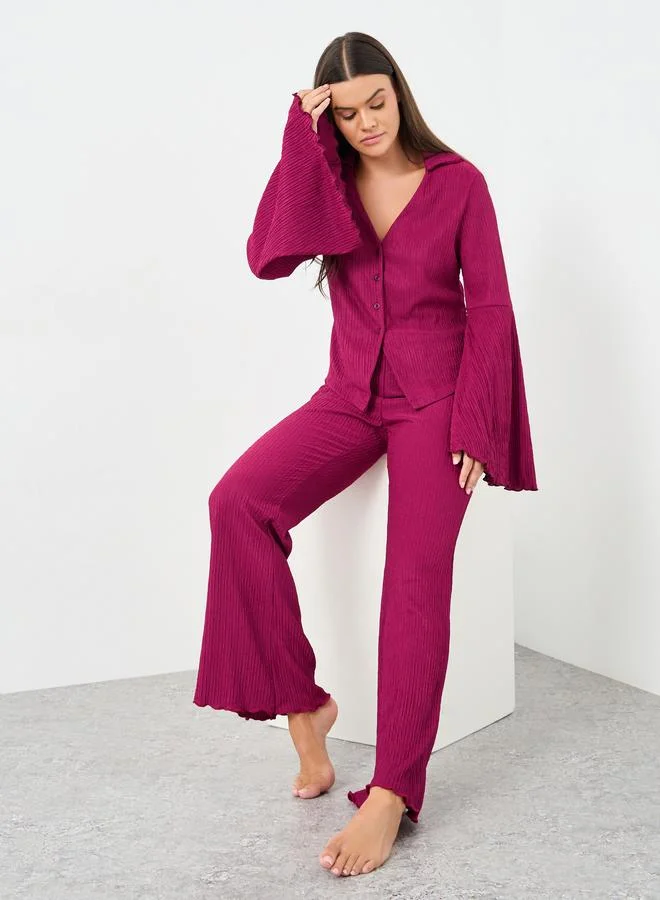 ستايلي Styli Textured Flared Sleeve Shirt and Pyjama Set