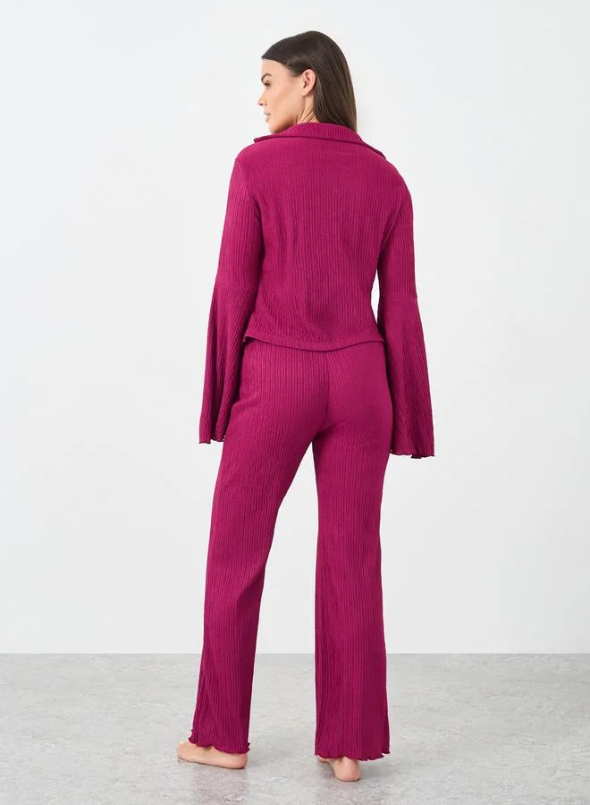 Styli Styli Textured Flared Sleeve Shirt and Pyjama Set