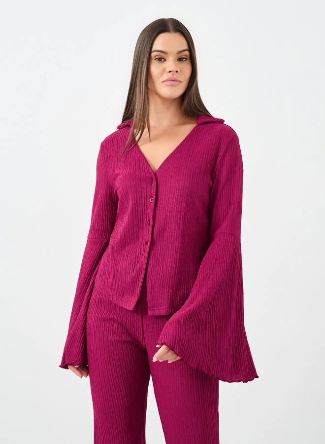 ستايلي Styli Textured Flared Sleeve Shirt and Pyjama Set