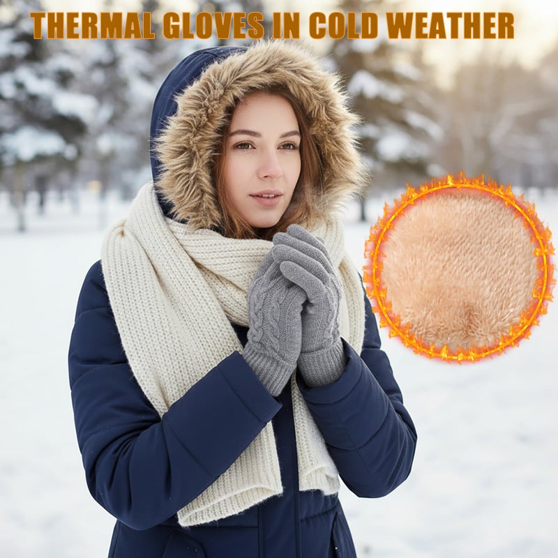 Leamekor Winter Warm Fleece Lined Gloves for Women, Thermal Wool Cable Knit Gloves for Cold Weather, Touchscreen Fingers Folding Cuffs (Grey, One Size) - Image 2