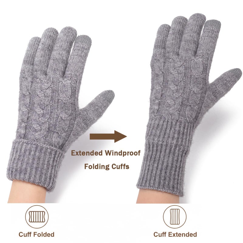 Leamekor Winter Warm Fleece Lined Gloves for Women, Thermal Wool Cable Knit Gloves for Cold Weather, Touchscreen Fingers Folding Cuffs (Grey, One Size) - Image 3