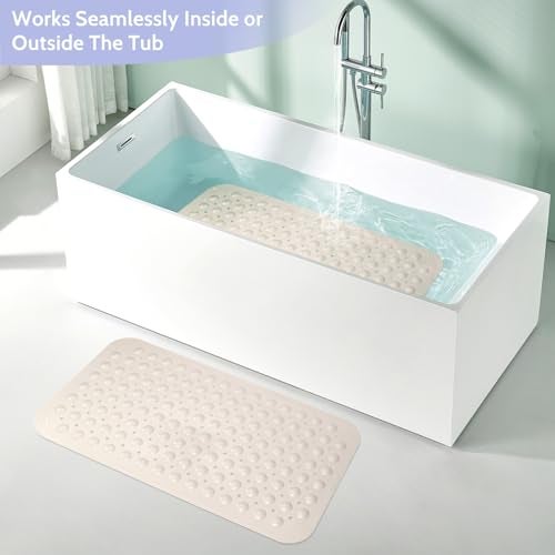 WarmSnow حصائر استحمام غير قابلة للانزلاق داخل الدش 15 × 27.5 بوصة، حصيرة حوض استحمام غير قابلة للانزلاق، حصيرة استحمام للحوض مع أكواب شفط، حصيرة حوض استحمام مع فتحات تصريف للحمام (بيج) - Image 3