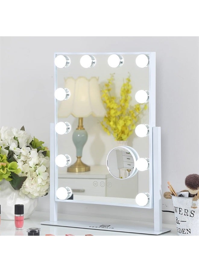 FENCHILIN Lighted Makeup Mirror Hollywood Mirror Vanity Makeup Mirror with Light Smart Touch Control 3Colors Dimmable Light Detachable 10X Magnification 360°Rotation(White) - Image 1