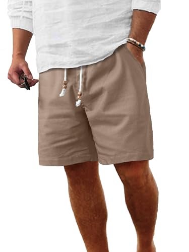 Comdecevis Men's Linen Shorts Casual Elastic Waist Drawstring Summer Beach Vacation Yoga Golf Shorts with Pockets XX-Large Brown - Image 1