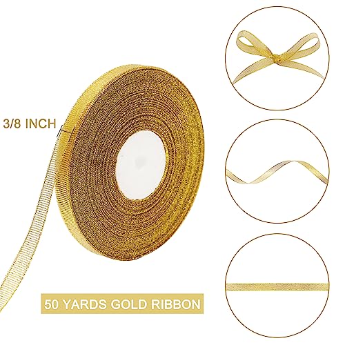DAYEDZ 50 Yards Gold Glitter Ribbon 3/8 Inch, Sparkly Thin Solid Fabric Ribbon for Gift Wrapping, Crafts, Holiday Wedding Birthday Party Decoration Floral Bouquet, Metallic Gold Ribbon Roll - Image 2