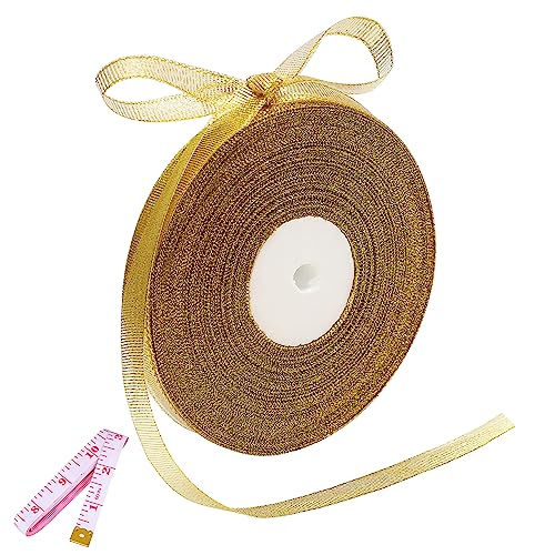 DAYEDZ 50 Yards Gold Glitter Ribbon 3/8 Inch, Sparkly Thin Solid Fabric Ribbon for Gift Wrapping, Crafts, Holiday Wedding Birthday Party Decoration Floral Bouquet, Metallic Gold Ribbon Roll - Image 1