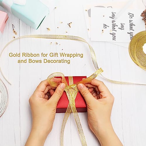 DAYEDZ 50 Yards Gold Glitter Ribbon 3/8 Inch, Sparkly Thin Solid Fabric Ribbon for Gift Wrapping, Crafts, Holiday Wedding Birthday Party Decoration Floral Bouquet, Metallic Gold Ribbon Roll - Image 3