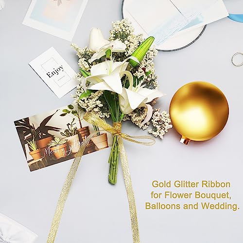 DAYEDZ 50 Yards Gold Glitter Ribbon 3/8 Inch, Sparkly Thin Solid Fabric Ribbon for Gift Wrapping, Crafts, Holiday Wedding Birthday Party Decoration Floral Bouquet, Metallic Gold Ribbon Roll - Image 4