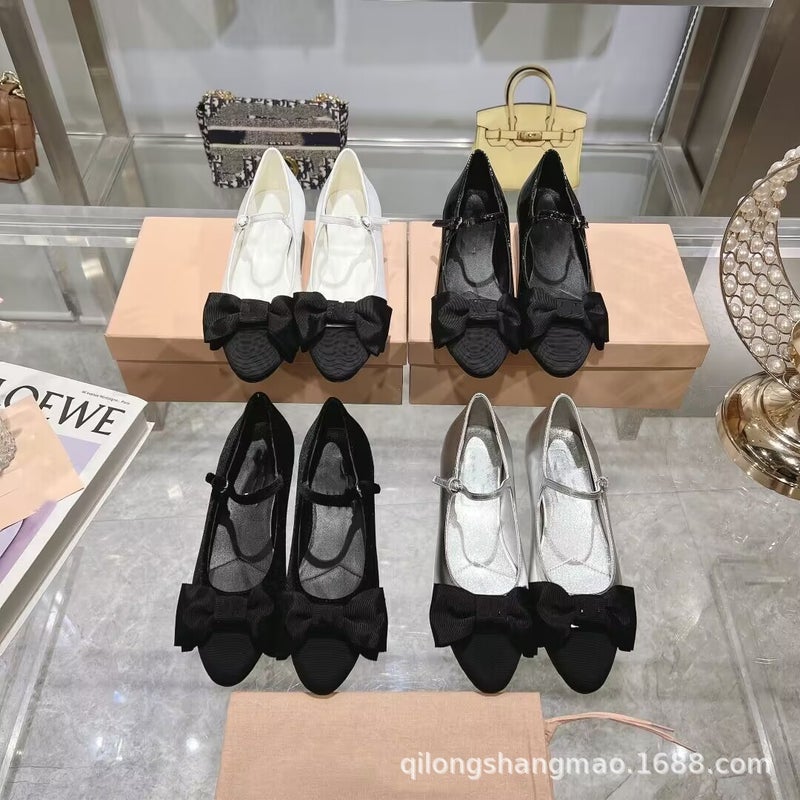 High-End Quality Genuine Leather Round Toe Color Matching Bow Low Heel With Mary Jane Shoes Ballet Shoes - Image 2