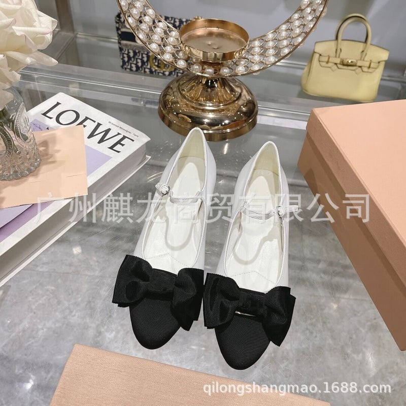 High-End Quality Genuine Leather Round Toe Color Matching Bow Low Heel With Mary Jane Shoes Ballet Shoes - Image 3