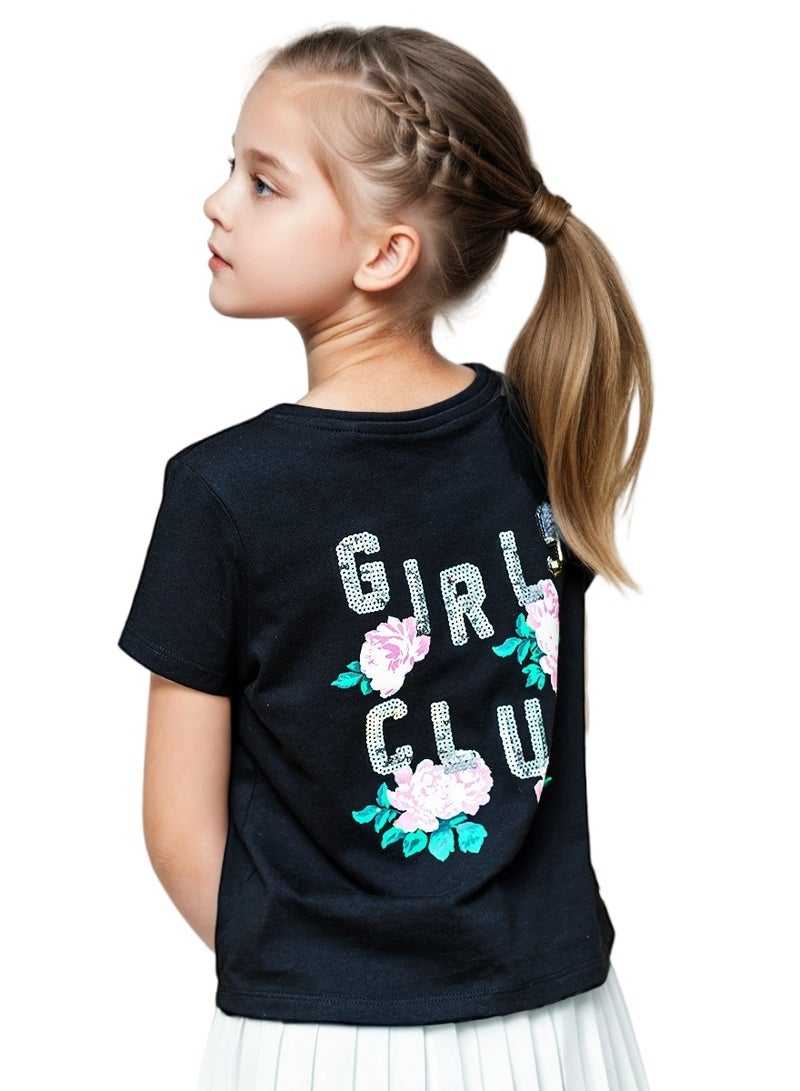 WiNi BEE Summer 8 10 12 14 16Y Girls T-Shirt Print Sequins Fashion Girl Top Kids Casual Tee Short Sleeve Black Cotton Girls Clothes  - Image 3