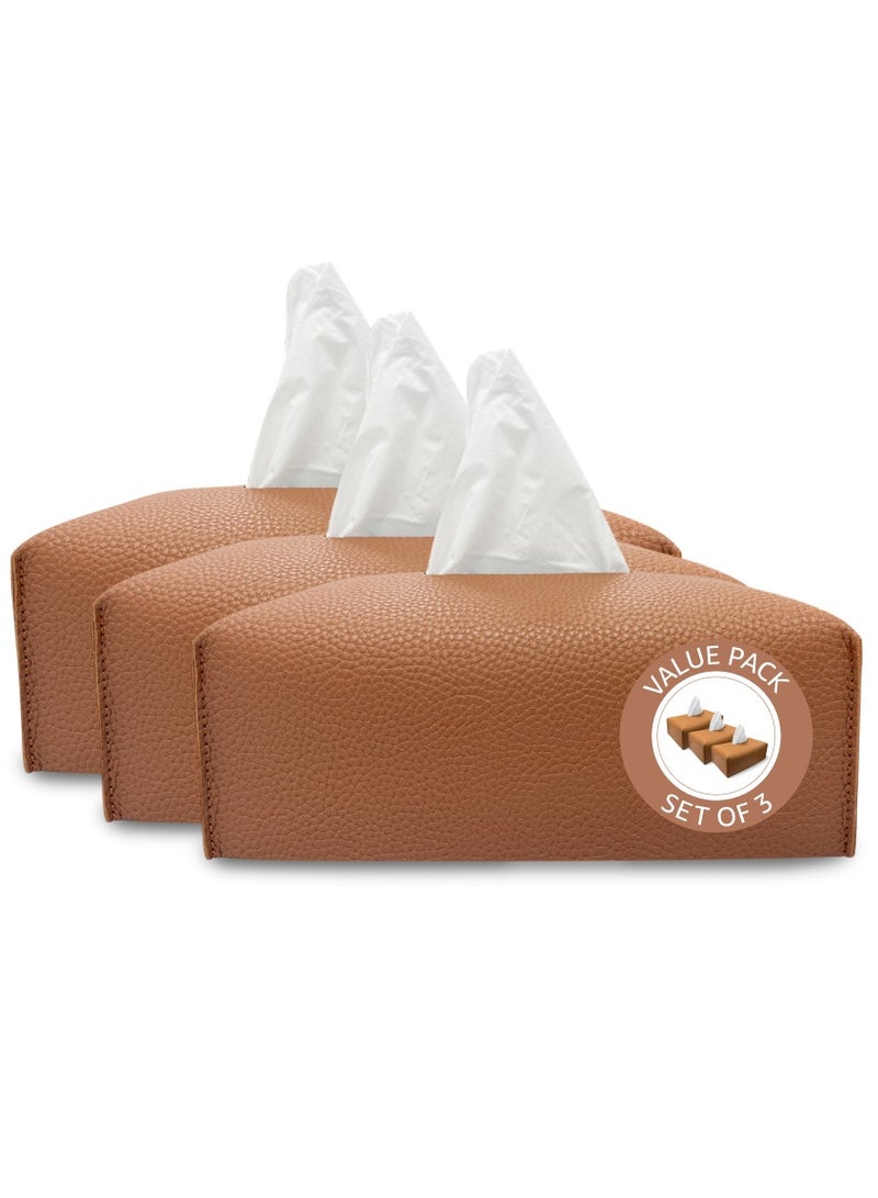 LeArt Leather Tissue Box Cover PACK OF 3 – Elegant Tissue Box Holder for Office Car Hotel Home Decor | Living Room Bedroom Bathroom | Facial Tissue Holder, Car Tissue Box Holder (Caramel - Pack of 3) - Image 1