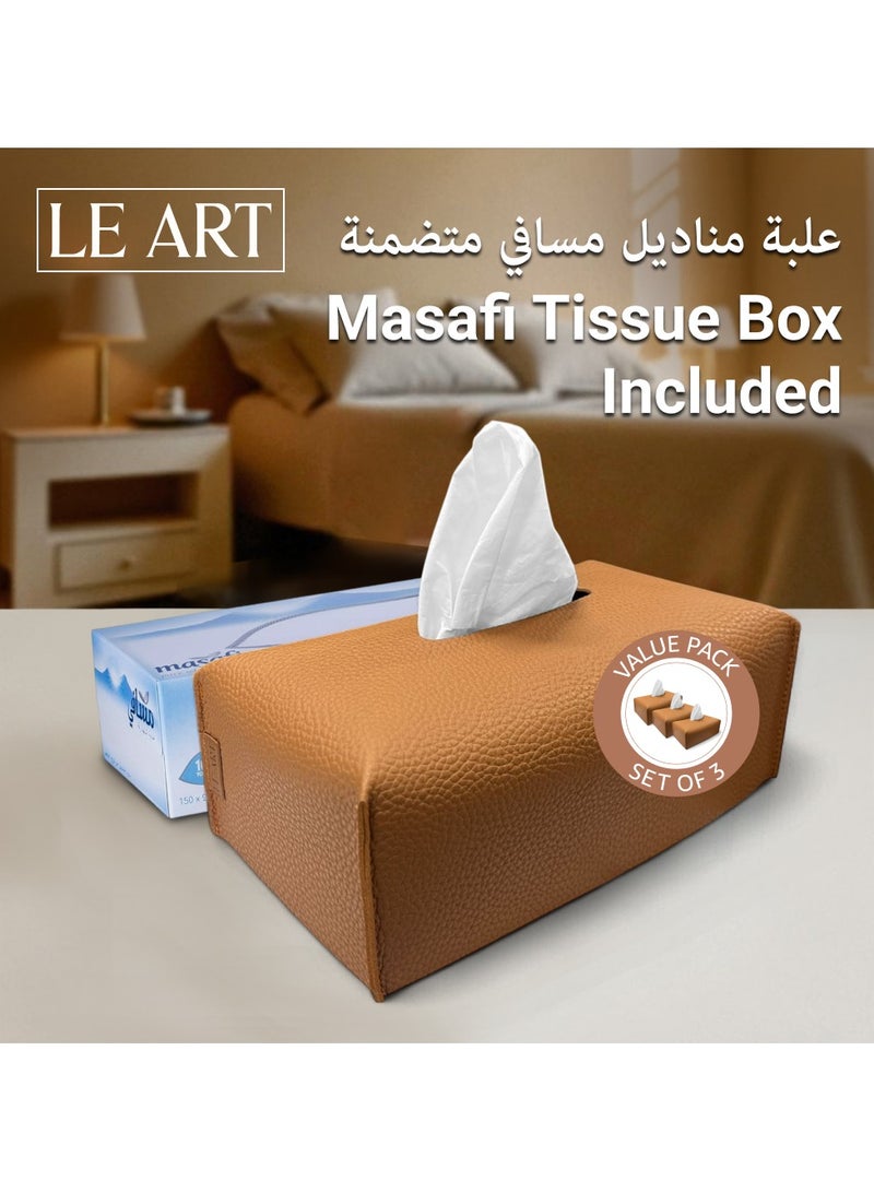 LeArt Leather Tissue Box Cover PACK OF 3 – Elegant Tissue Box Holder for Office Car Hotel Home Decor | Living Room Bedroom Bathroom | Facial Tissue Holder, Car Tissue Box Holder (Caramel - Pack of 3) - Image 3