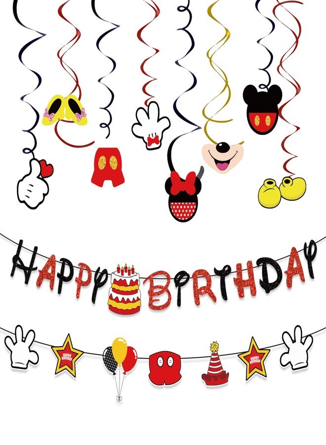 BOGAZNET Birthday Party Decorations Set – 2 Happy Birthday Banners and 18 Hanging Swirls Party Decorations Red Black Yellow Ceiling Streamers Party Decorations Plastic Streamers and Cardstock Kit - Image 1