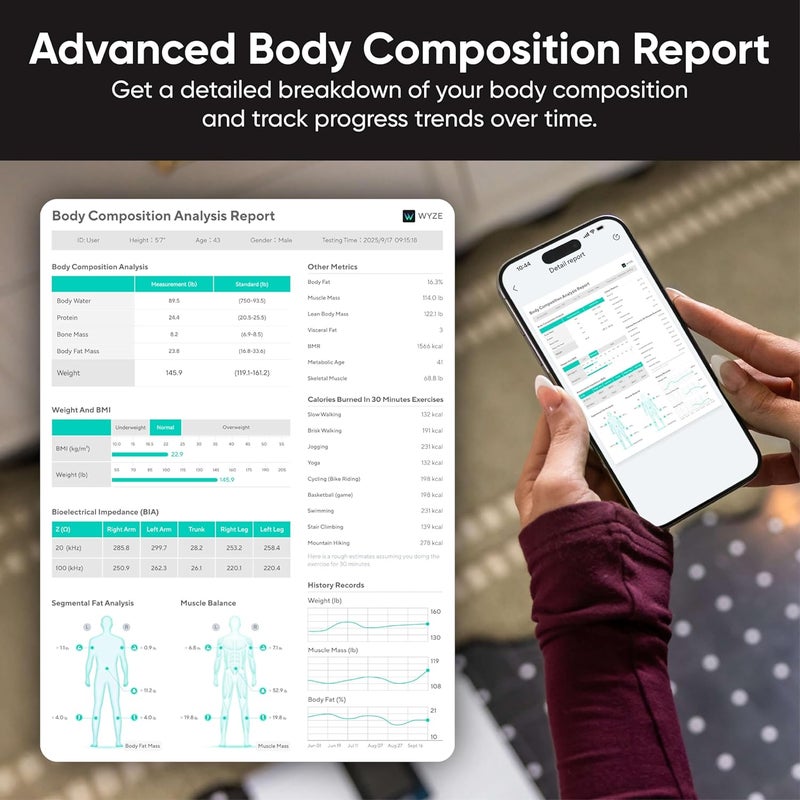 وايز سمارت سكيل ألترا بوديسكان (Wyze Smart Scale Ultra BodyScan) مزود بمقبض – ميزان ذكي لتحليل تركيب الجسم يدعم تقنيات الو��ي فاي (Wi-Fi) والبلوتوث (Bluetooth)، يقيس الوزن، مؤشر كتلة الجسم (BMI)، نسبة الدهون في الجسم، كتلة العضلات، بالإضافة إلى قياسات أخرى، اللون أبيض. - Image 4
