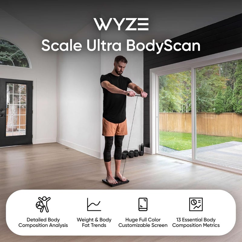 وايز سمارت سكيل ألترا بوديسكان (Wyze Smart Scale Ultra BodyScan) مزود بمقبض – ميزان ذكي لتحليل تركيب الجسم يدعم تقنيات الو��ي فاي (Wi-Fi) والبلوتوث (Bluetooth)، يقيس الوزن، مؤشر كتلة الجسم (BMI)، نسبة الدهون في الجسم، كتلة العضلات، بالإضافة إلى قياسات أخرى، اللون أبيض. - Image 2