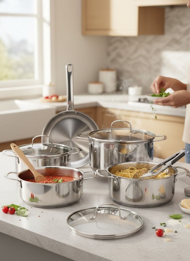 Trust 9-Piece Stainless Steel Cookware Set with premium steel 304, Set Include: 16cm Cooking Pot, 20cm Cooking Pot, 24cm Cooking Pot, 24cm low Deep Pot, 24cm Frypan - Image 2