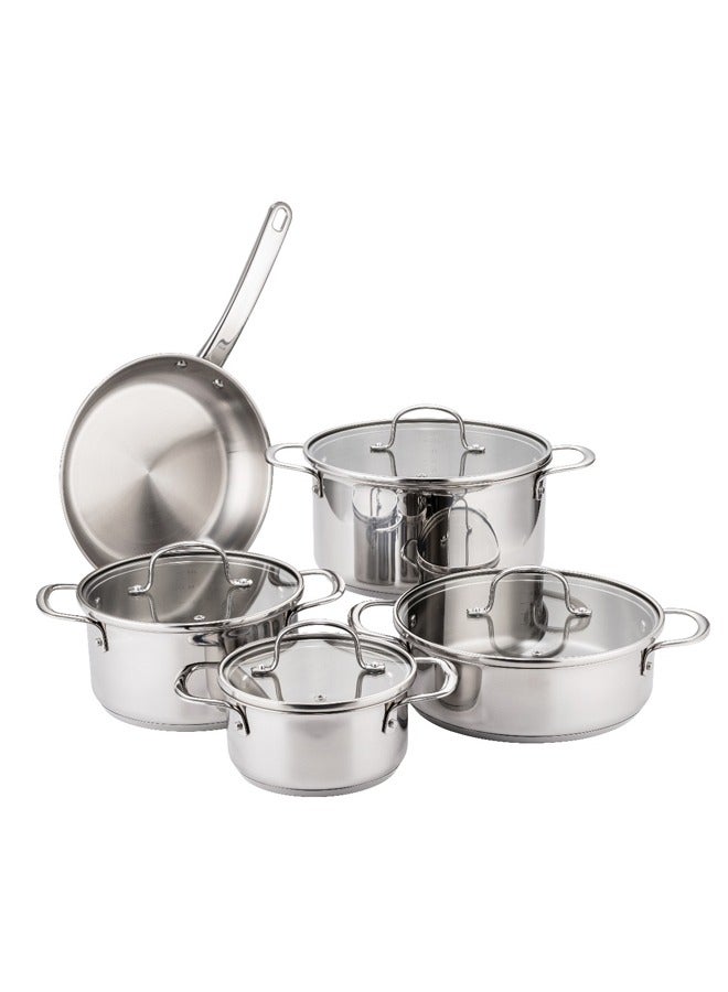 Trust 9-Piece Stainless Steel Cookware Set with premium steel 304, Set Include: 16cm Cooking Pot, 20cm Cooking Pot, 24cm Cooking Pot, 24cm low Deep Pot, 24cm Frypan - Image 1