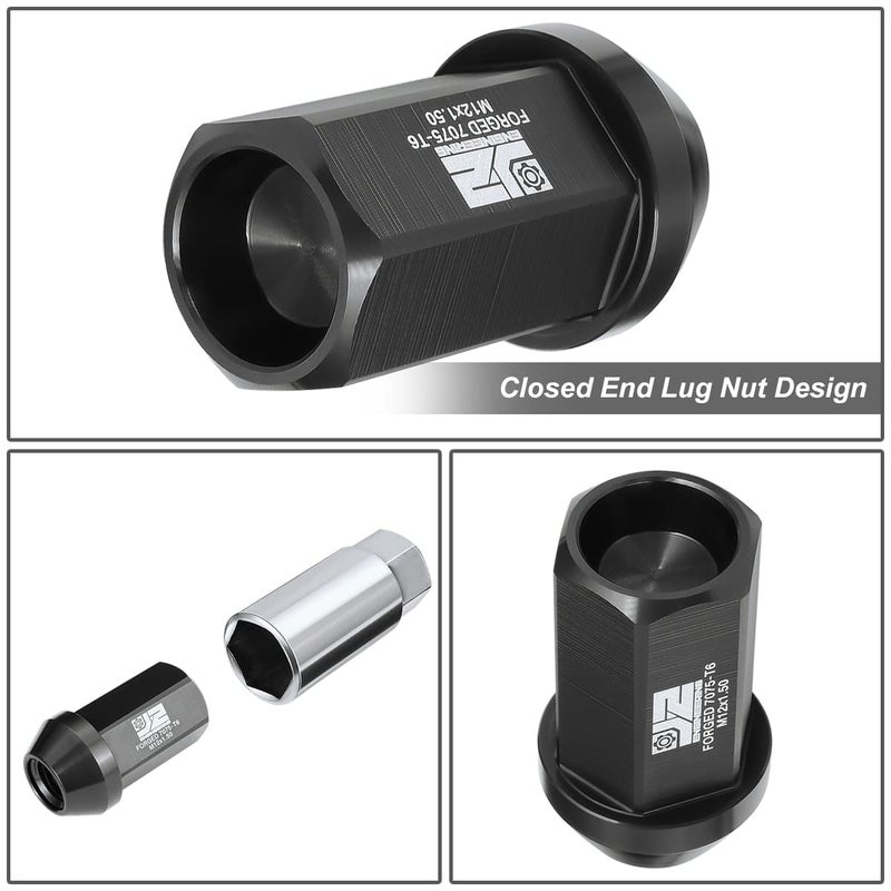 J2 Engineering M12 x 1.5 T6-7075 Aluminum 42mm Closed End Lug Nuts with Deep Drive Extension Adapter, Black - Image 5