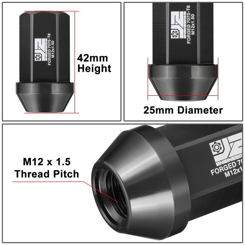J2 Engineering M12 x 1.5 T6-7075 Aluminum 42mm Closed End Lug Nuts with Deep Drive Extension Adapter, Black - Image 4
