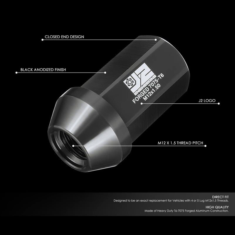 J2 Engineering M12 x 1.5 T6-7075 Aluminum 42mm Closed End Lug Nuts with Deep Drive Extension Adapter, Black - Image 2