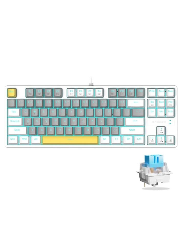 E-YOOSO - Z-87 87 Keys Mechanical Keyboard, Hot-swappable Blue Switch Gaming Keyboard, Mini Compact Keyboard with Ice Blue Backlit for Windows, Mac OS - Grey White - Image 1