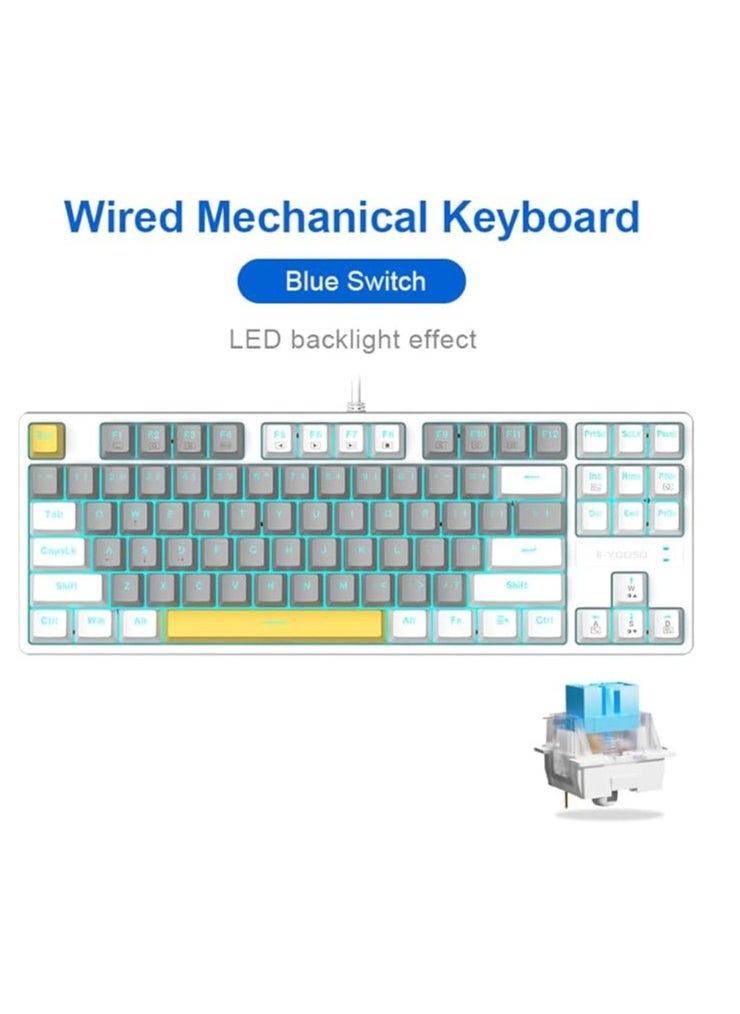 E-YOOSO - Z-87 87 Keys Mechanical Keyboard, Hot-swappable Blue Switch Gaming Keyboard, Mini Compact Keyboard with Ice Blue Backlit for Windows, Mac OS - Grey White - Image 1