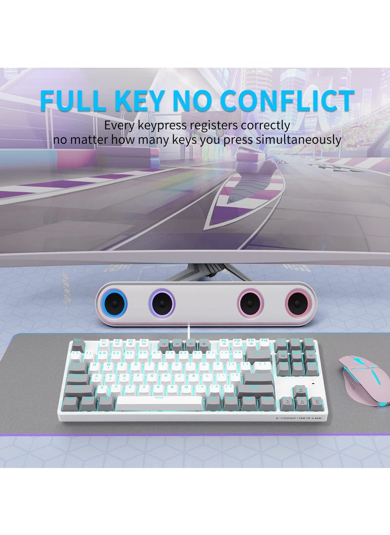 E-YOOSO - Z-87 87 Keys Mechanical Keyboard, Hot-swappable Blue Switch Gaming Keyboard, Mini Compact Keyboard with Ice Blue Backlit for Windows, Mac OS - Grey White - Image 1