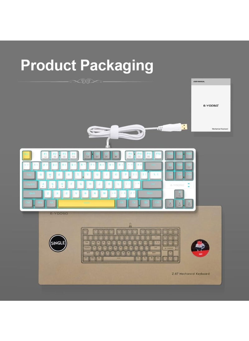 E-YOOSO - Z-87 87 Keys Mechanical Keyboard, Hot-swappable Blue Switch Gaming Keyboard, Mini Compact Keyboard with Ice Blue Backlit for Windows, Mac OS - Grey White - Image 1