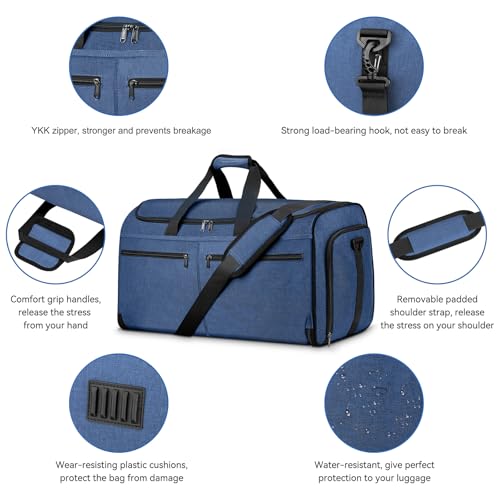 Bukere Large Garment Bag for Travel, Bukere Convertible Suit Travel Garment Duffel Bag for Men Women Business, Shoe Compartment, Detachable Shoulder Strap, Multi-Function 2 in 1 Weekender Bag, Blue - Image 5