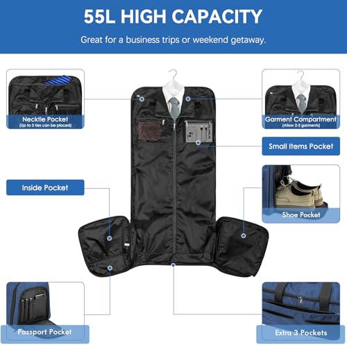 Bukere Large Garment Bag for Travel, Bukere Convertible Suit Travel Garment Duffel Bag for Men Women Business, Shoe Compartment, Detachable Shoulder Strap, Multi-Function 2 in 1 Weekender Bag, Blue - Image 3