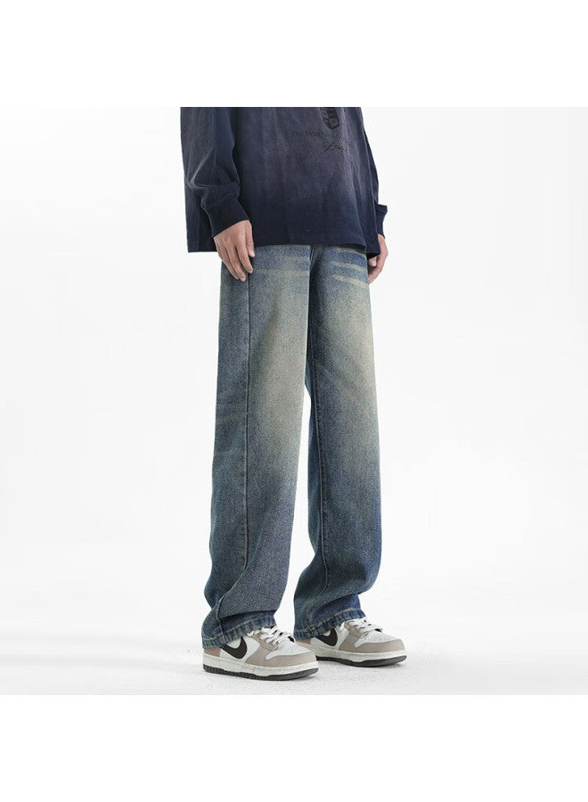 Maybeyond Men's Denim Jeans Autumn Winter Loose Casual Straight-leg Trendy American Style Pants Ss526 Vintage Blue 3XL - Image 2
