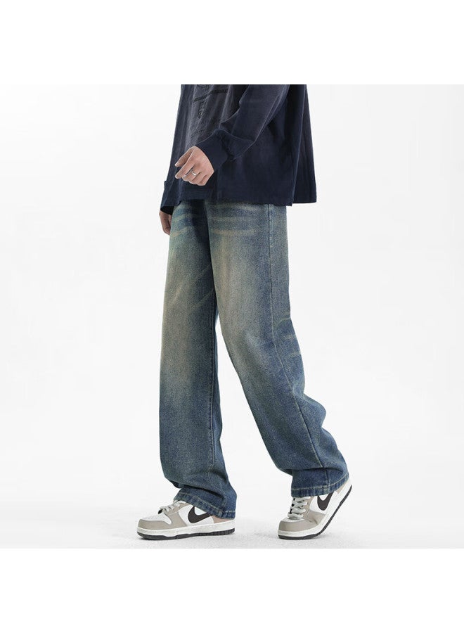Maybeyond Men's Denim Jeans Autumn Winter Loose Casual Straight-leg Trendy American Style Pants Ss526 Vintage Blue 3XL - Image 1