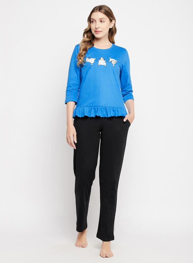 Clovia Graphic Print Ruffled Hem Cotton Top and Pyjama Set - Image 1