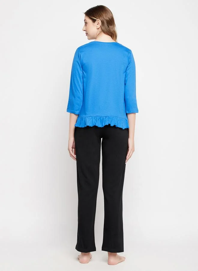 Clovia Clovia Graphic Print Ruffled Hem Cotton Top and Pyjama Set