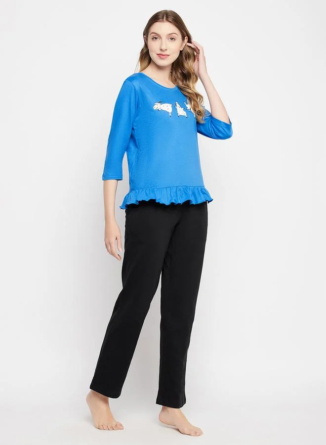 Clovia Clovia Graphic Print Ruffled Hem Cotton Top and Pyjama Set