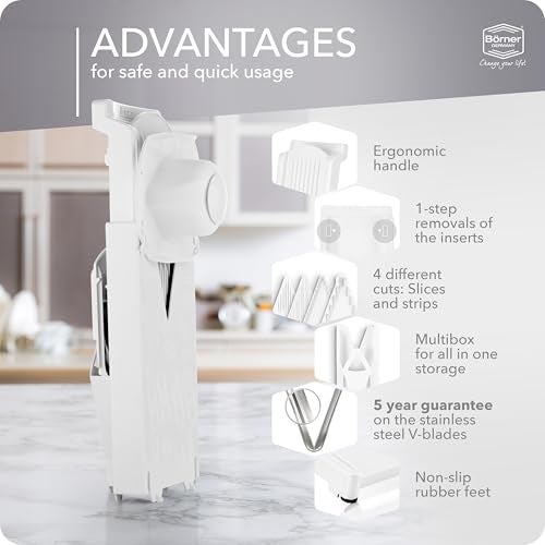 Börner Mandoline Slicer V3 (Starter Set) • V-Slicer for 5 Cutting Styles with Fruit Holder • Adjustable Vegetable Slicer for Vegetables & Fruits • Stainless Steel V-Blade • Color: White - Image 5