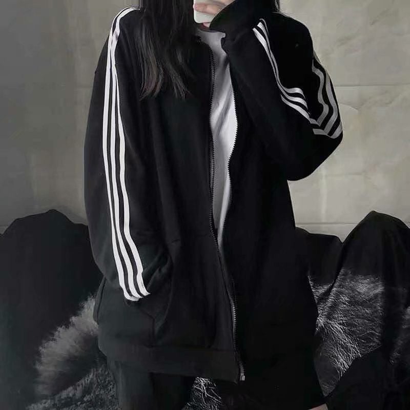 Spring and Summer new three-bar coat womens Korean-style thin jacket student black baseball uniform womens loose zipper cardigan Black 