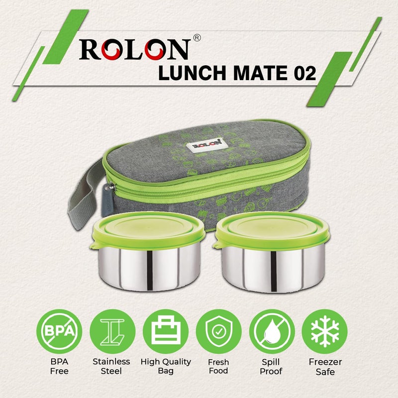 ROLON ROLON Lunch Mate 02 Green LeakProof Design Portable and Durable Tiffin Box for Adults and Office Use 2 Round Stainless Steel Round Containers 420ml Each with Insulated Soft Pouch  - Image 5