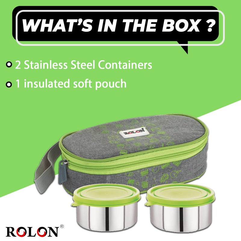 ROLON ROLON Lunch Mate 02 Green LeakProof Design Portable and Durable Tiffin Box for Adults and Office Use 2 Round Stainless Steel Round Containers 420ml Each with Insulated Soft Pouch  - Image 4
