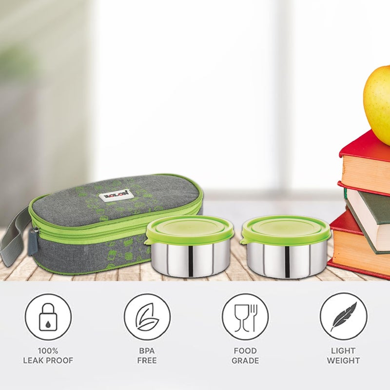 ROLON ROLON Lunch Mate 02 Green LeakProof Design Portable and Durable Tiffin Box for Adults and Office Use 2 Round Stainless Steel Round Containers 420ml Each with Insulated Soft Pouch  - Image 2
