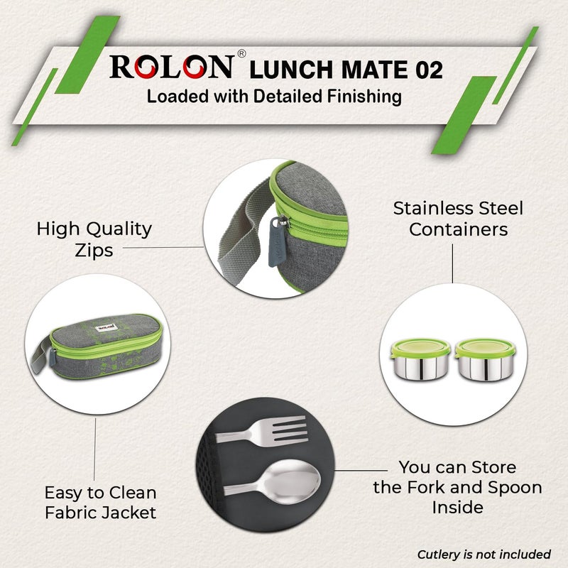 ROLON ROLON Lunch Mate 02 Green LeakProof Design Portable and Durable Tiffin Box for Adults and Office Use 2 Round Stainless Steel Round Containers 420ml Each with Insulated Soft Pouch  - Image 3